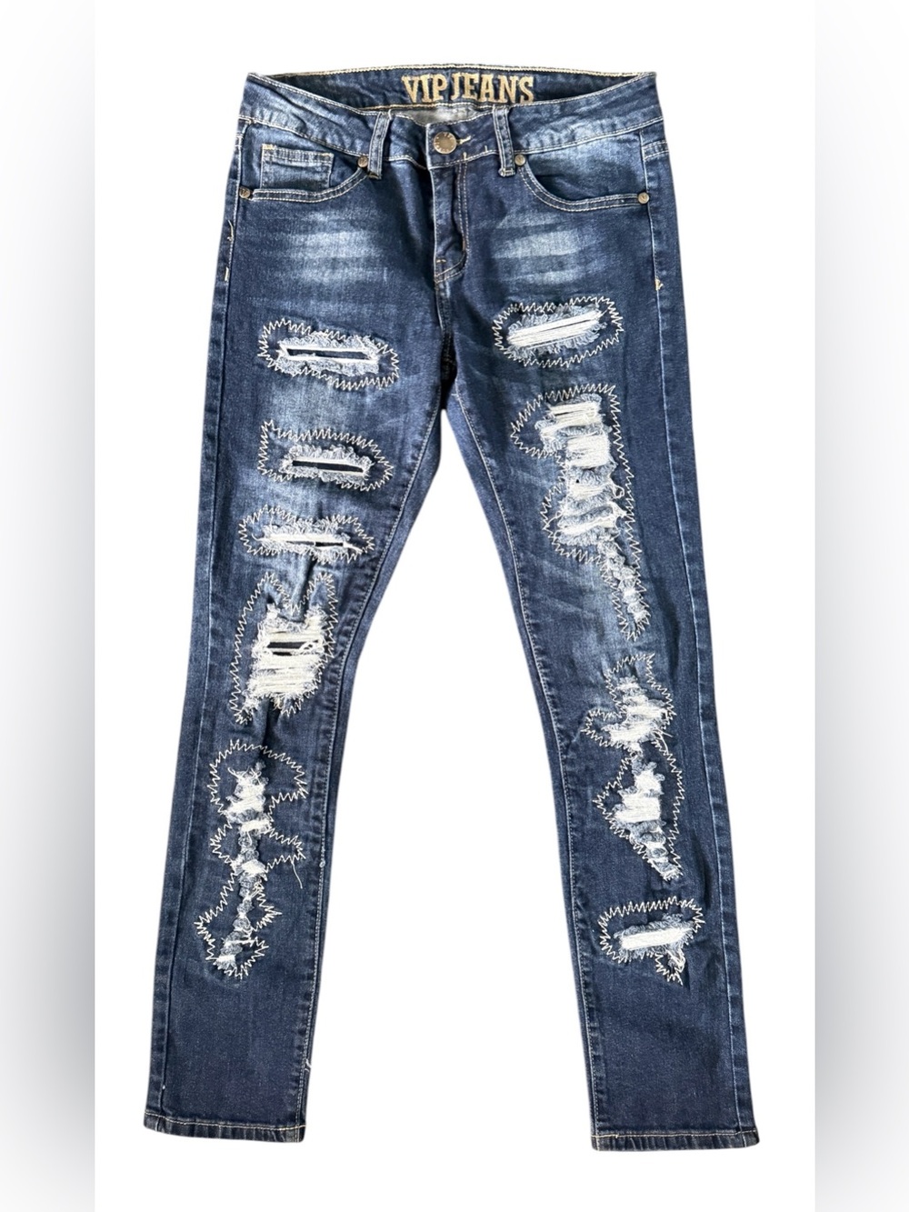 VIP Jeans Blue Dark Wash Denim Jeans Mid-Rise Ripped Distressed Sz 5/6